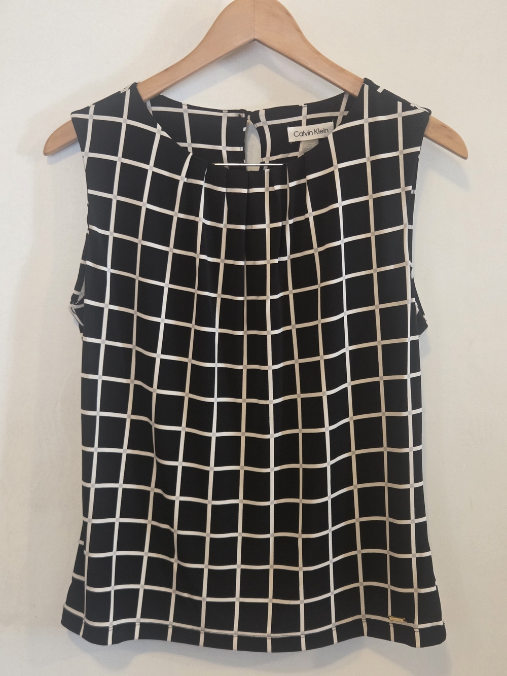 Calvin Klein Black & White Windowpane Sleeveless Blouse